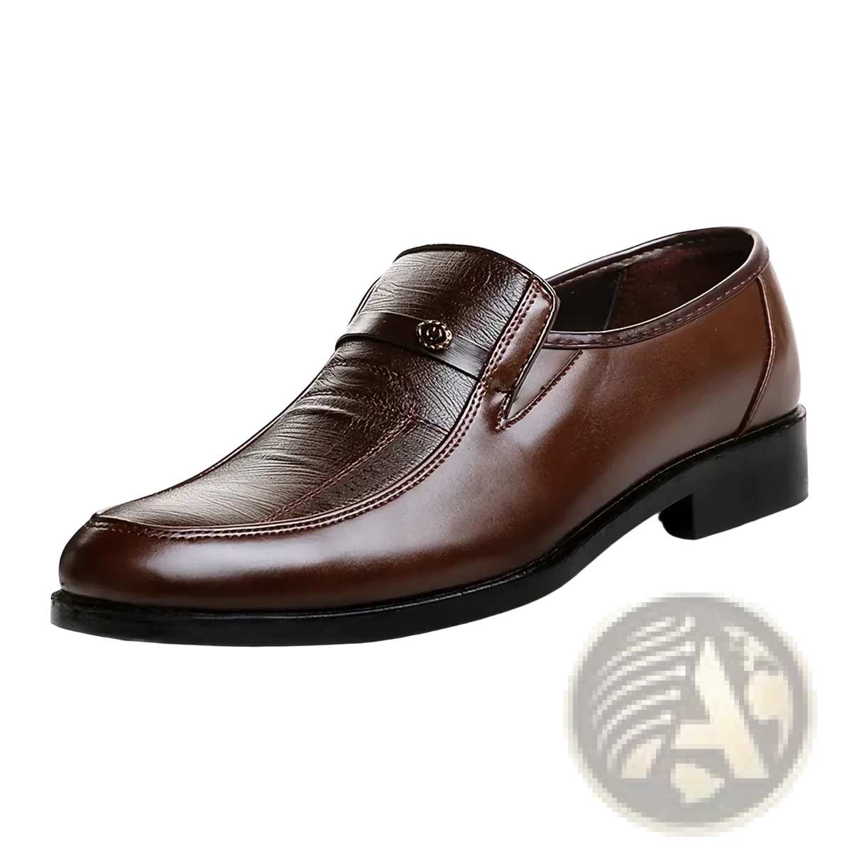 Men leather slip on dress shoe in brown with subtle textured toe pattern and small metallic emblem on the strap
