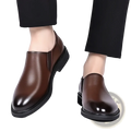 Men leather slip-on dress shoes brown with sleek polished finish and black rubber soles for formal wear
