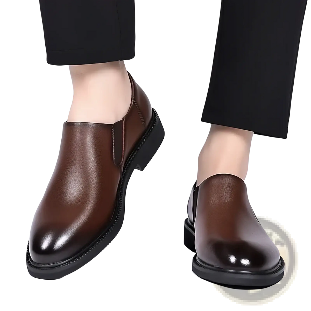 Men leather slip-on dress shoes brown with sleek polished finish and black rubber soles for formal wear