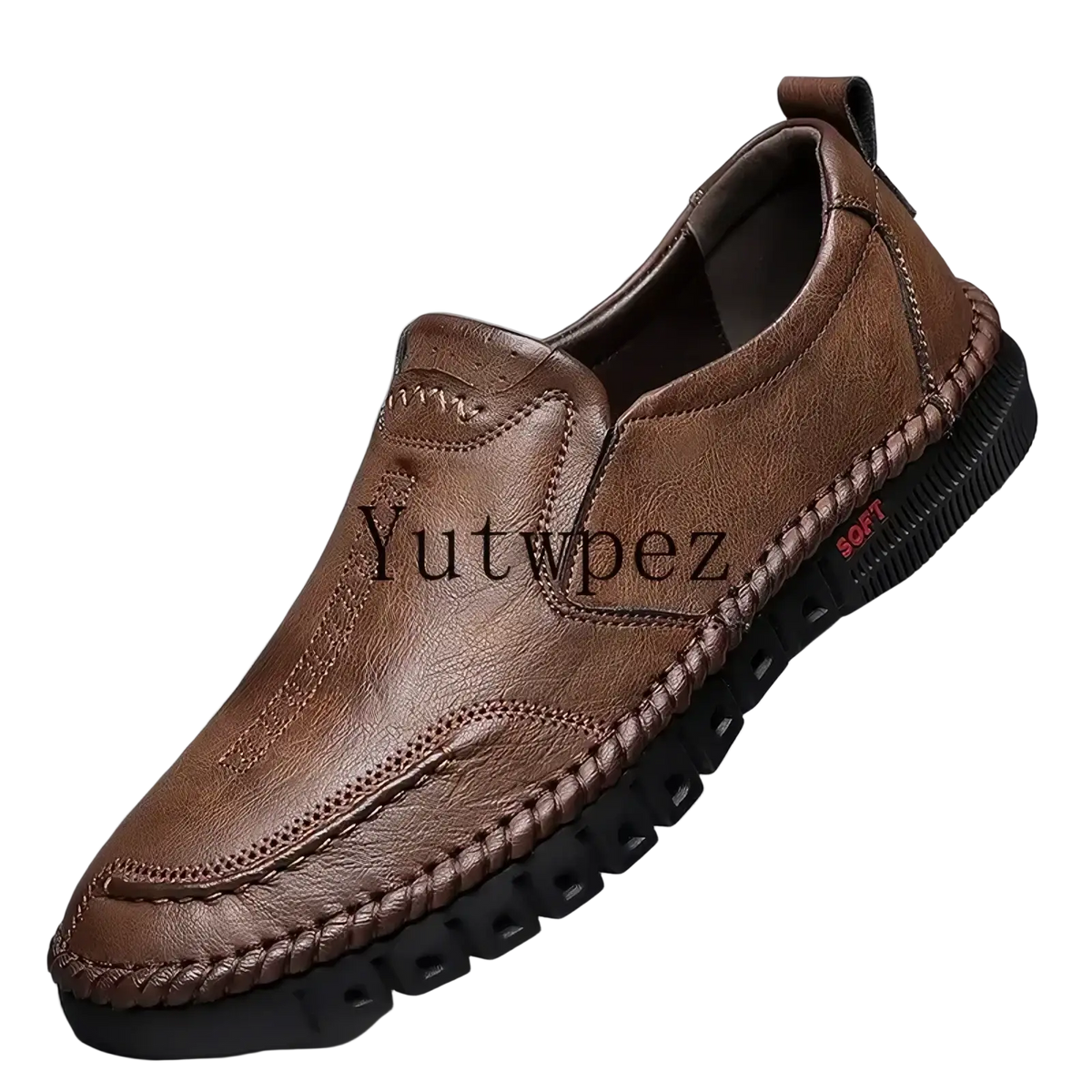 Men leather slip-on dress shoe in brown with textured surface and visible stitching along the seams