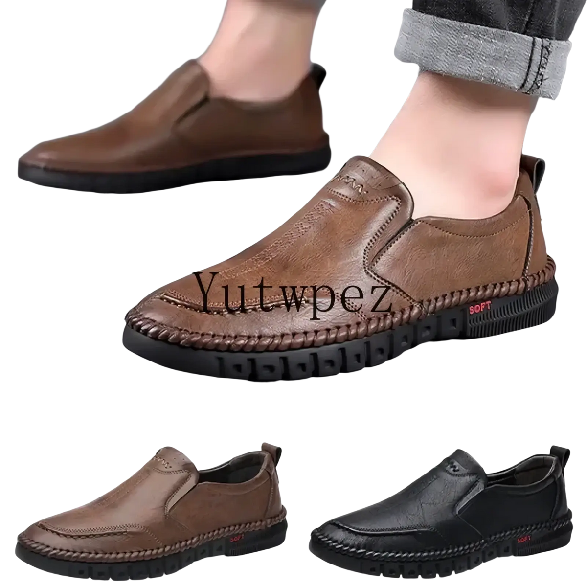 Men leather slip on dress shoes in brown with stitched detailing and a textured sole for formal occasions