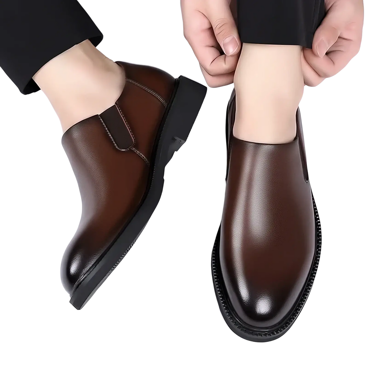 Men leather slip-on dress shoes brown with sleek polished finish black rubber soles and smooth leather upper
