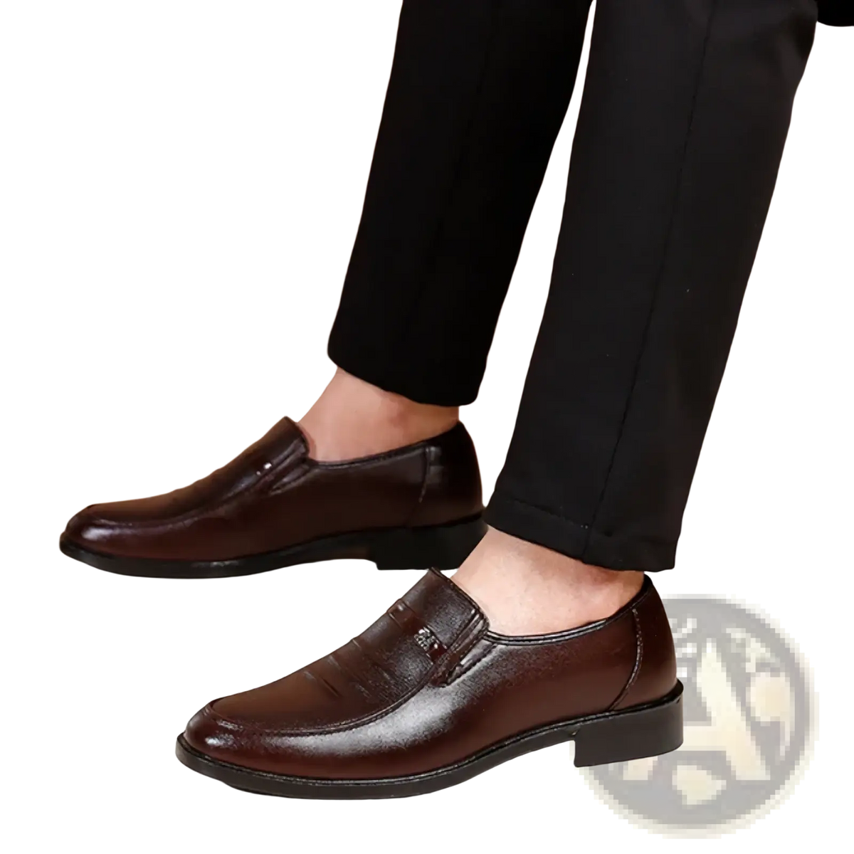 Men leather slip on dress shoes in brown leather with polished finish and subtle embossed detailing