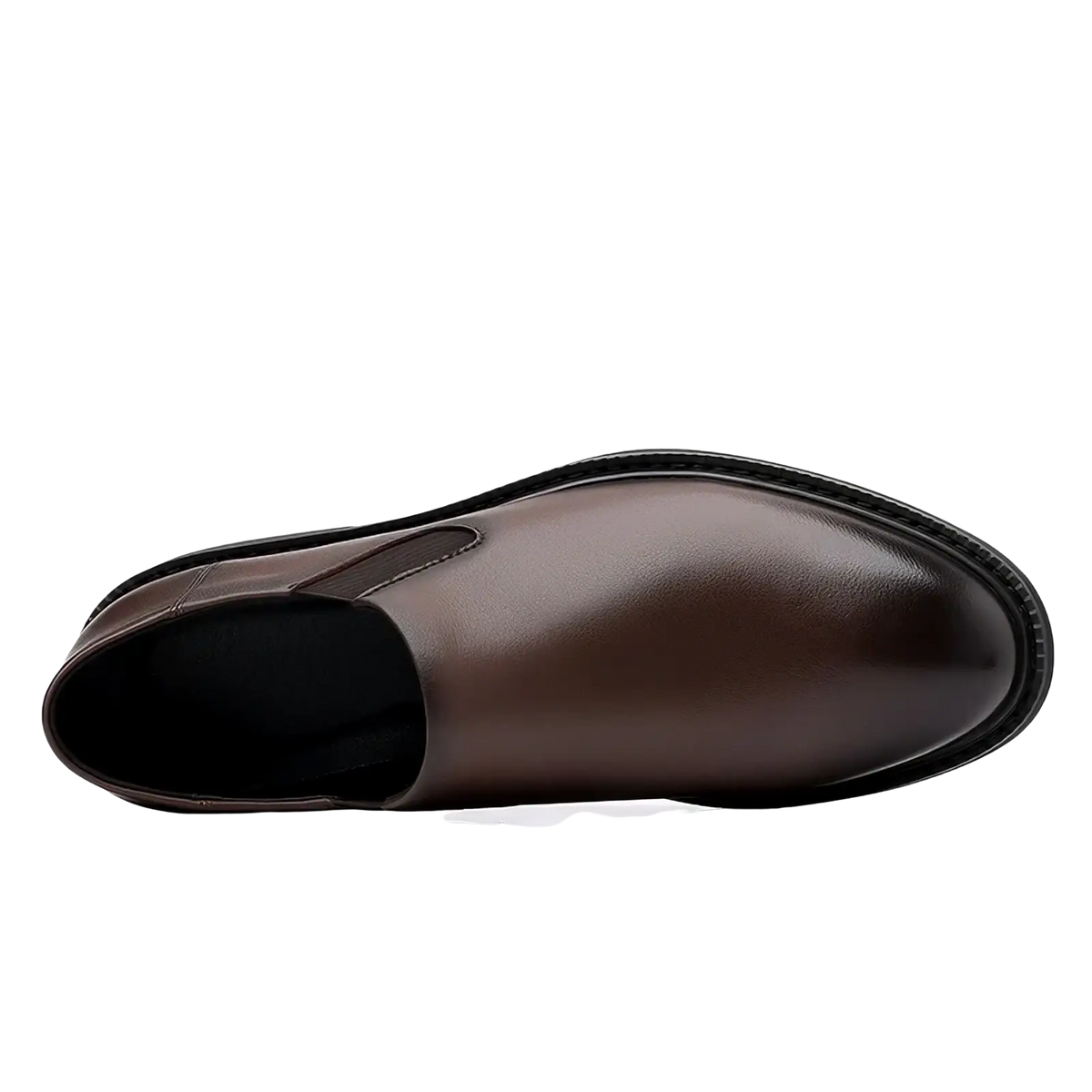 Men leather slip-on dress shoe in brown with sleek polished leather finish and black rubber sole