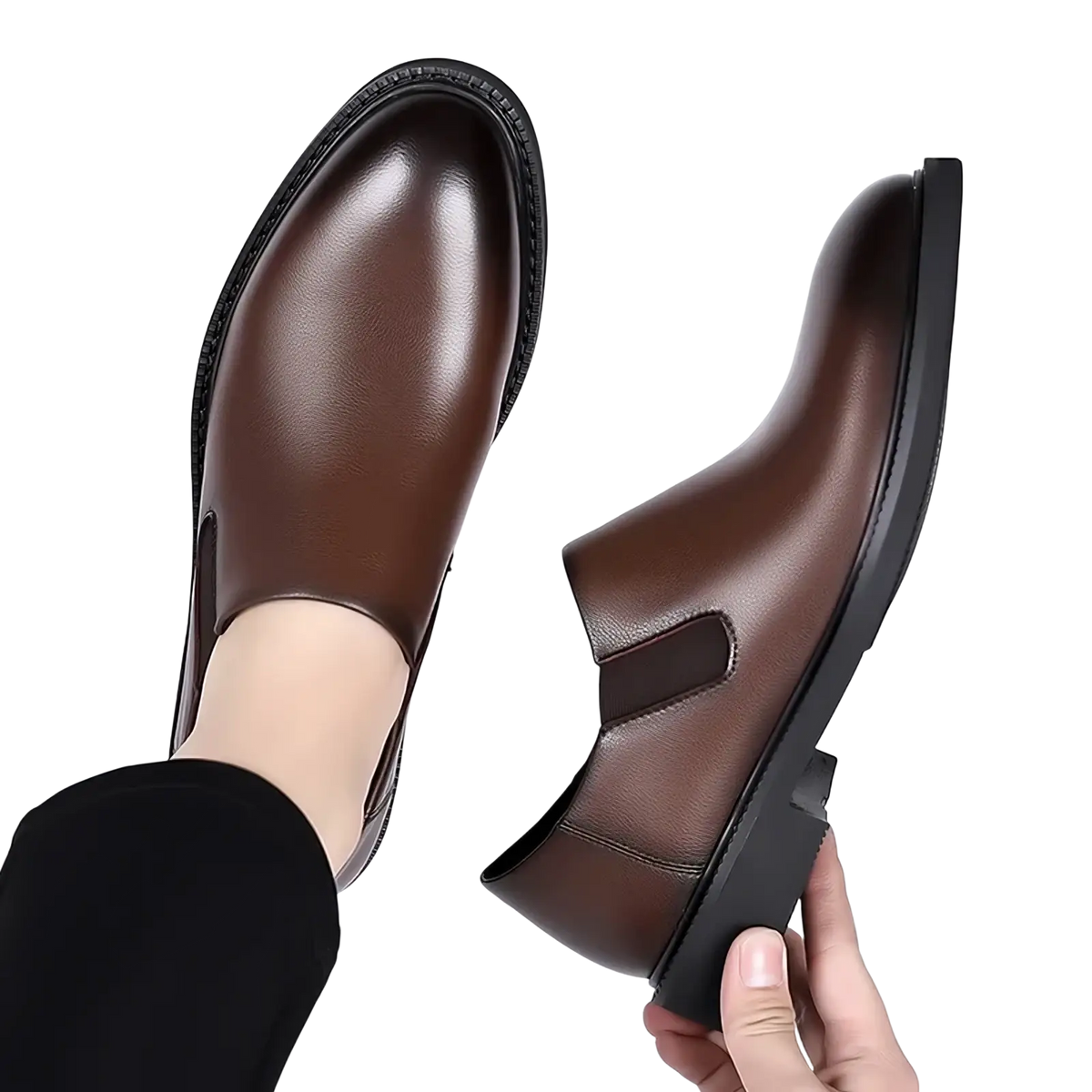 Men leather slip-on dress shoes in brown with a sleek polished finish and black rubber soles