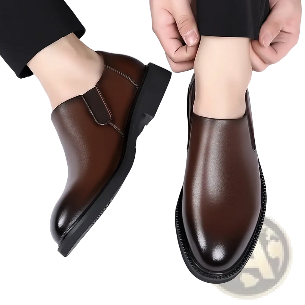 Men leather slip-on dress shoes brown with sleek polished finish black rubber soles and smooth leather upper
