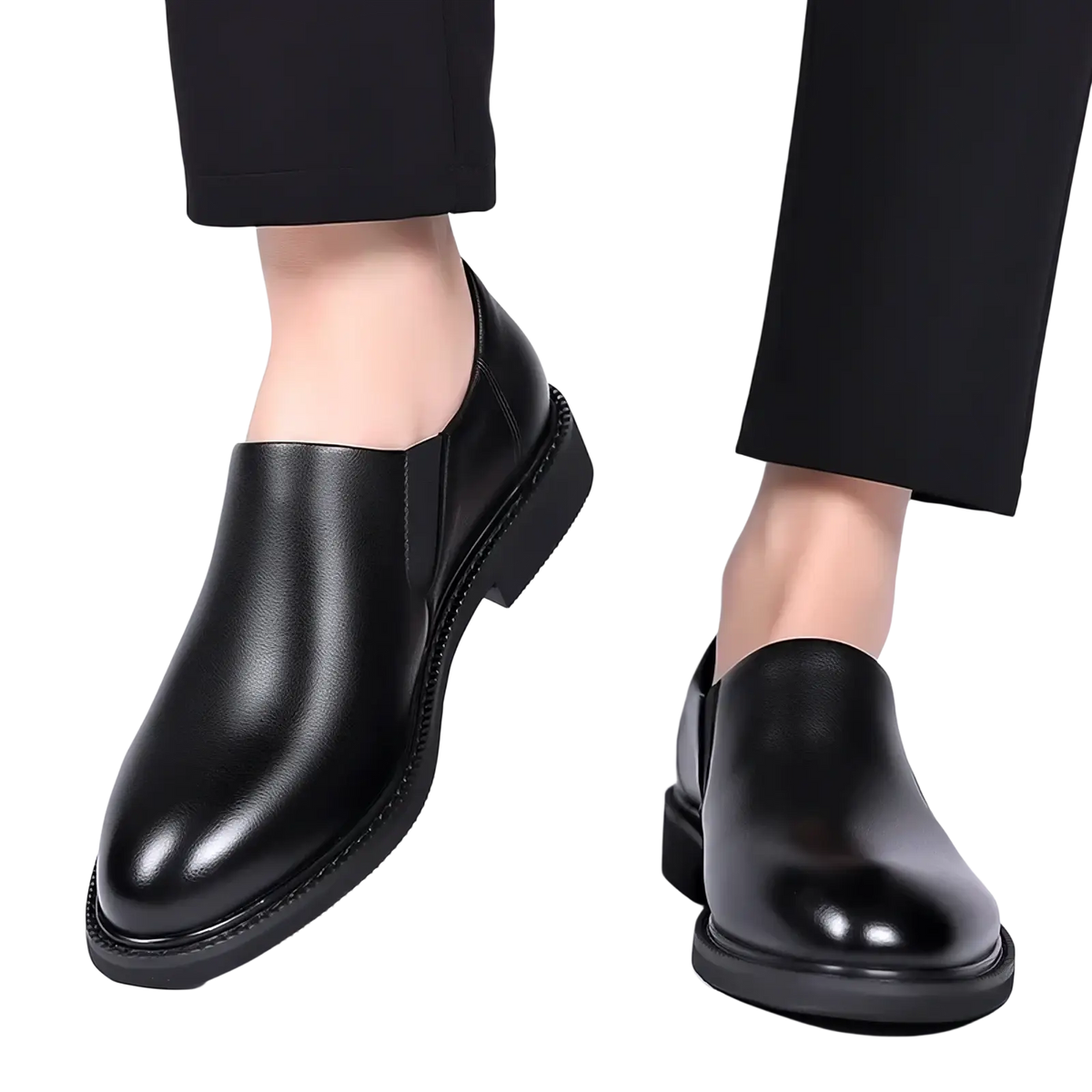 Black leather slip-on dress loafers with polished finish and stitched detailing along the sole for men