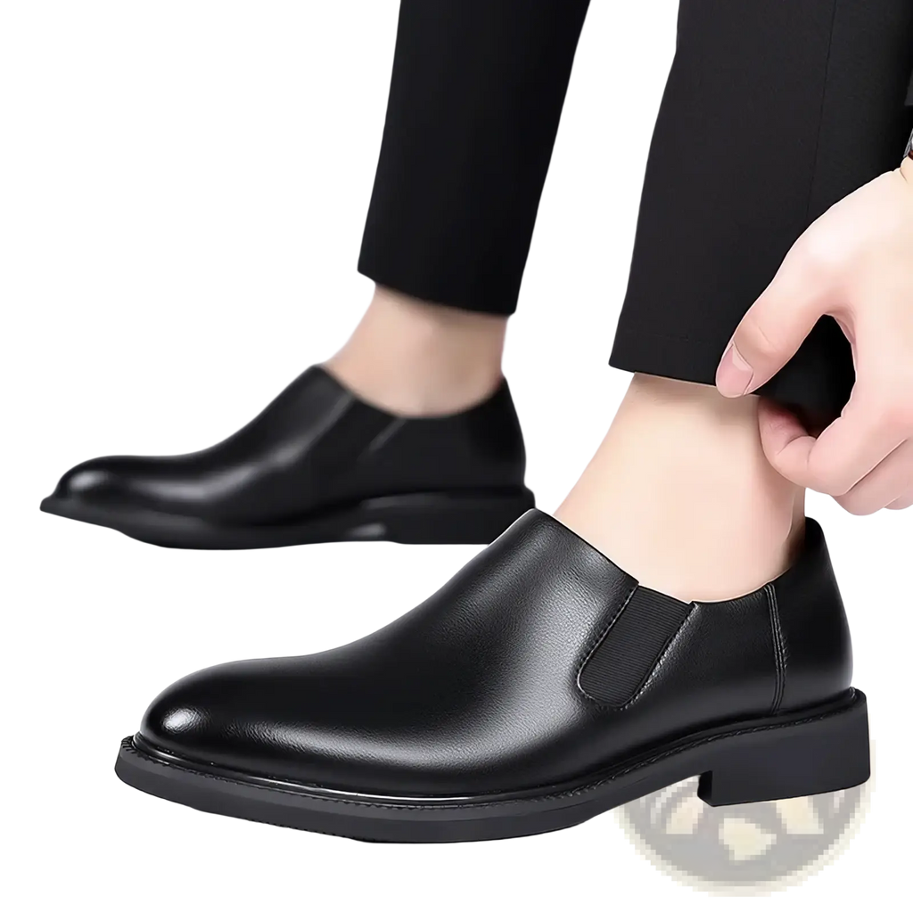 Men leather slip-on dress shoes brown with black leather, polished finish, and elastic side panels for easy wear