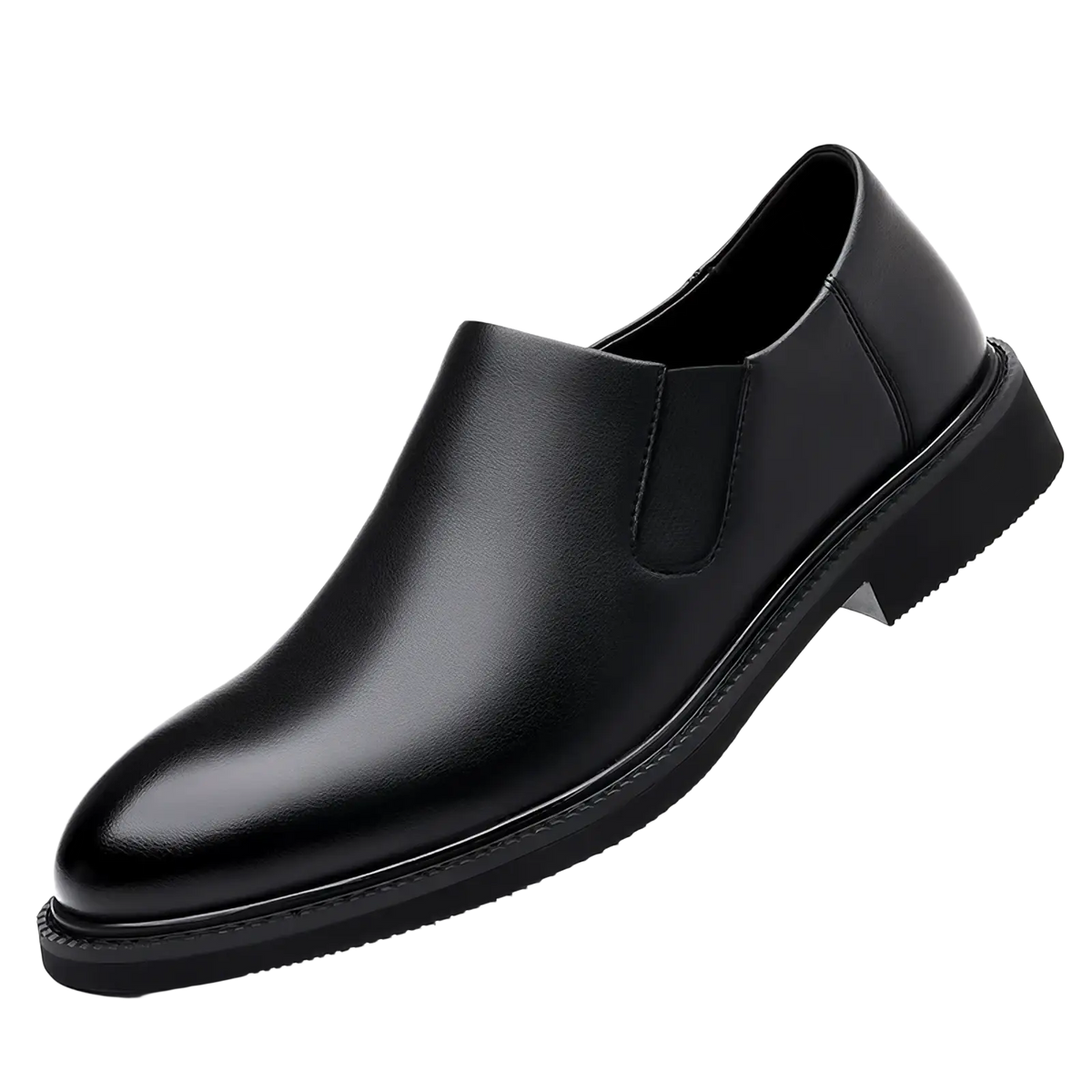 Men leather slip-on dress shoes in black with a polished finish and low-profile rubber sole for formal wear