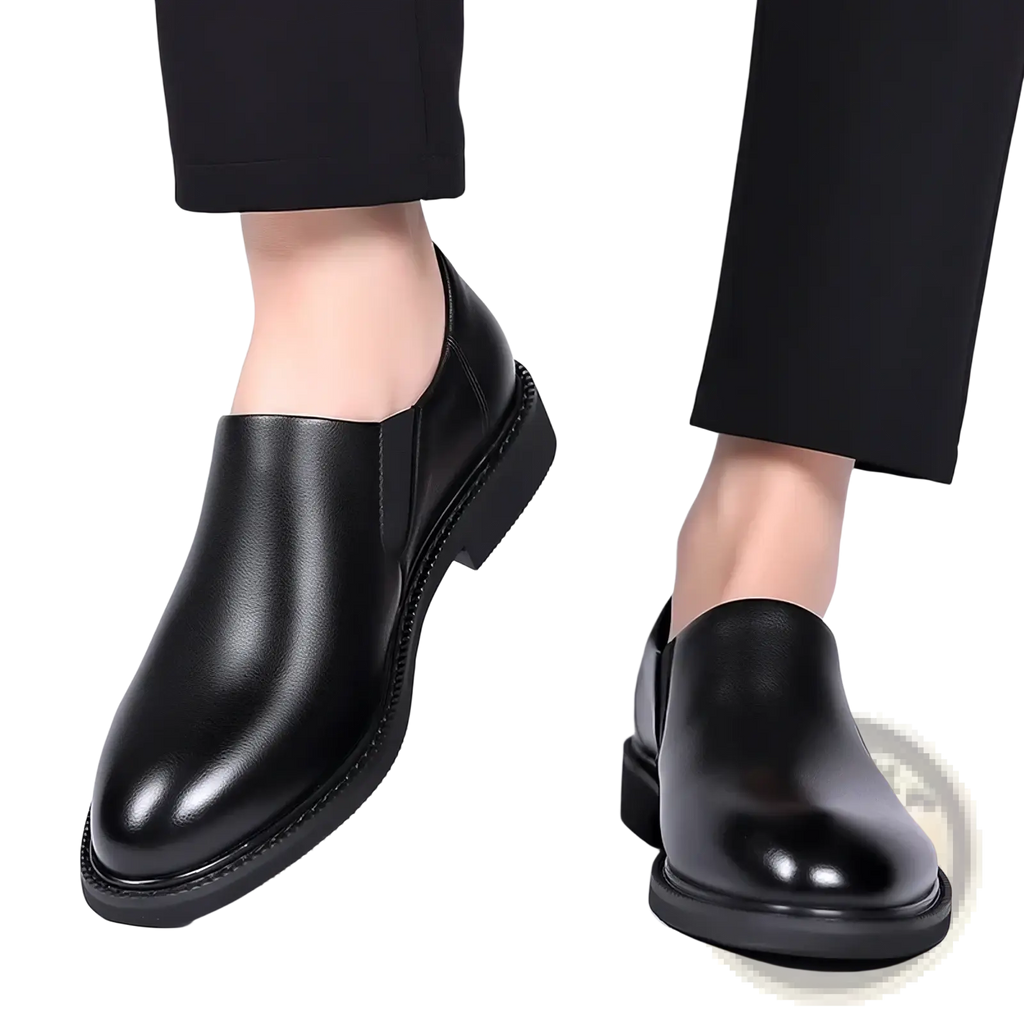Black leather slip-on dress loafers with polished finish and stitched detailing along the sole for men