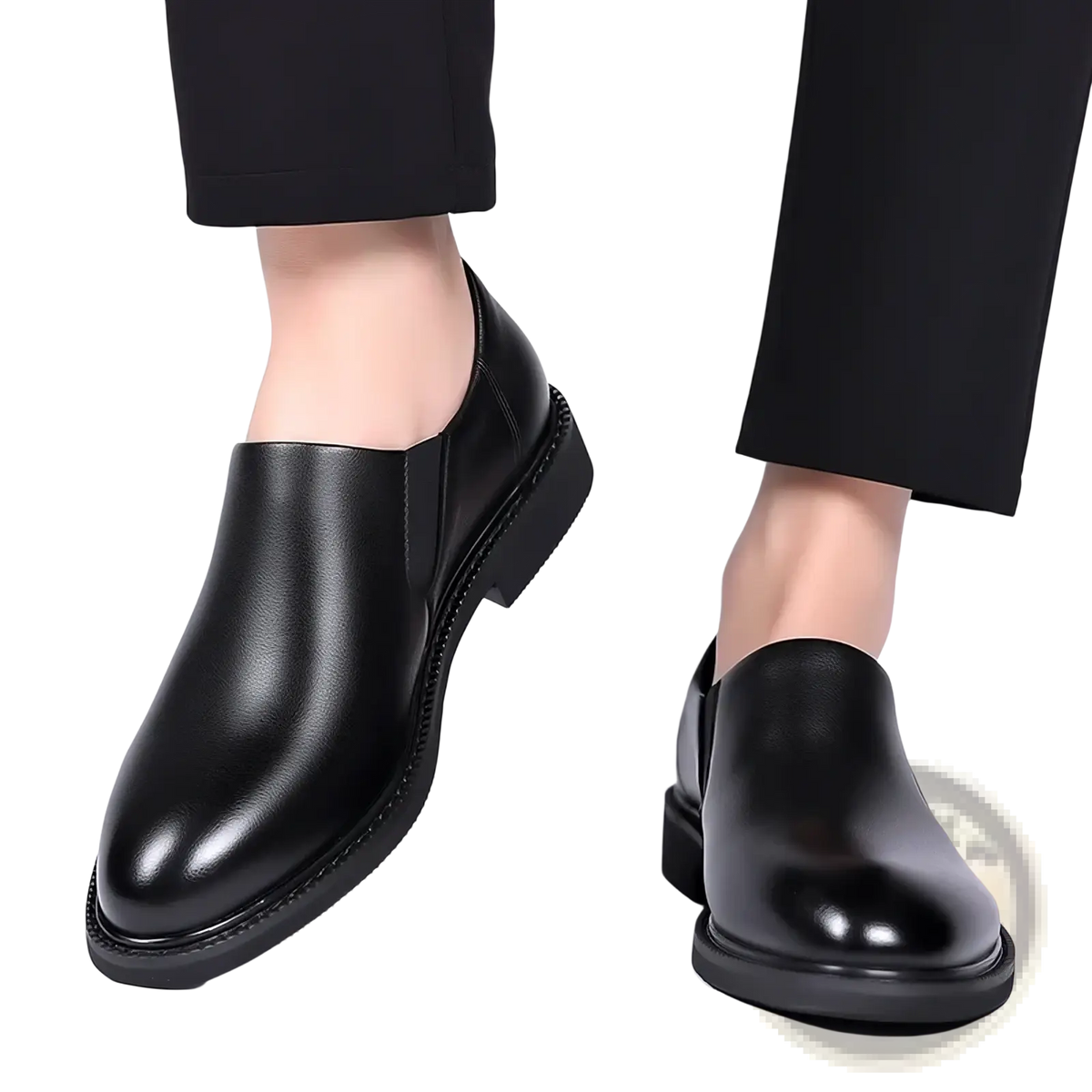 Black leather slip-on dress loafers with polished finish and stitched detailing along the sole for men