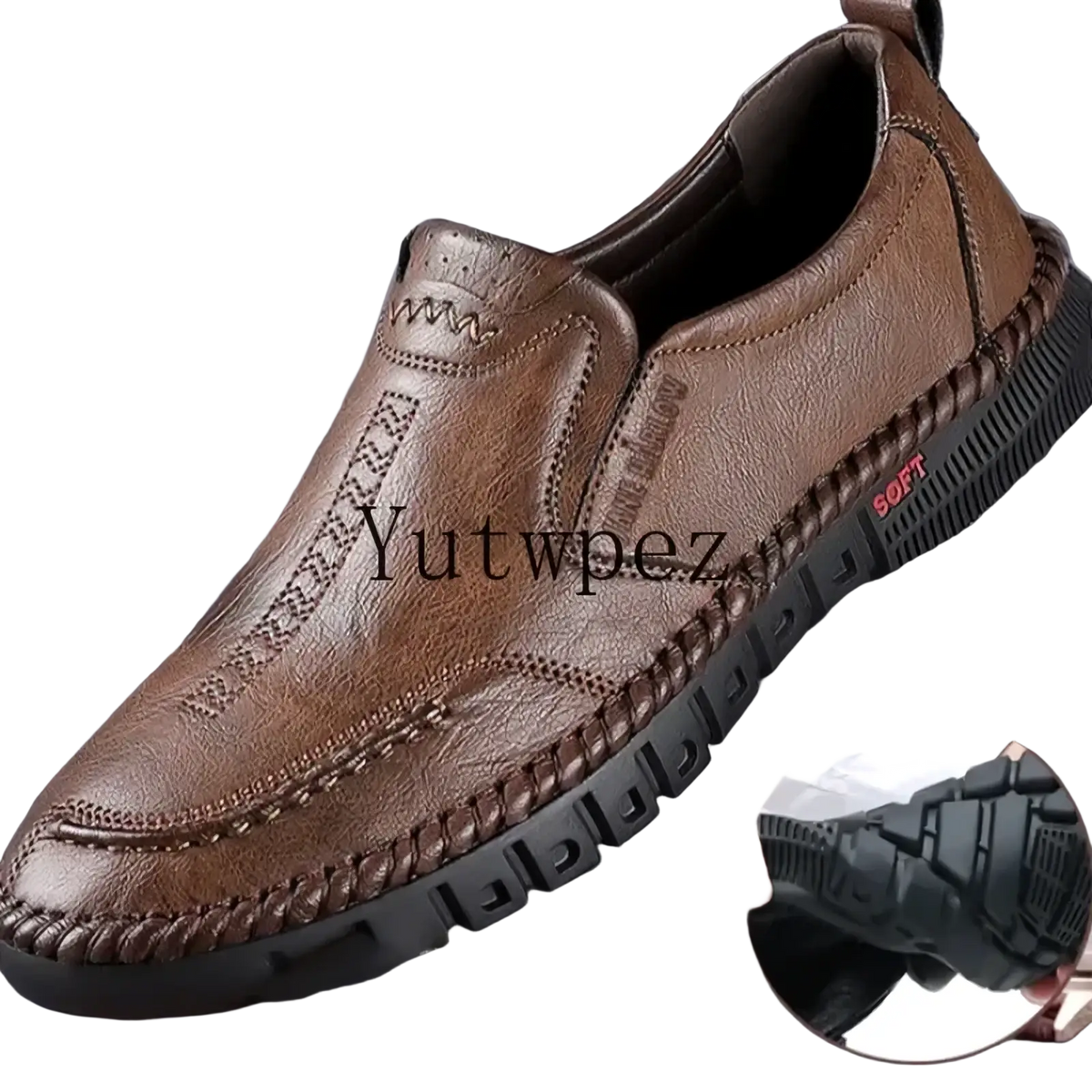 Men leather slip on dress shoe in brown genuine leather with textured stitching and black rubber sole