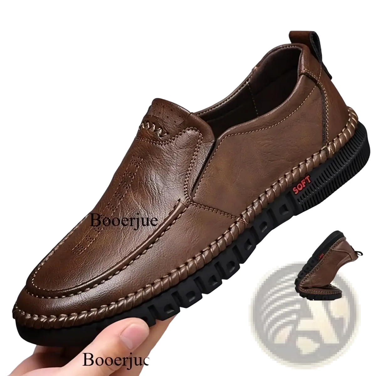 Men leather slip on dress shoes brown genuine leather cowhide with stitched toe cap and black rubber sole