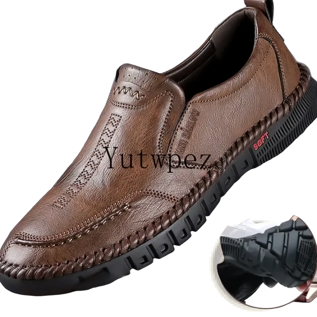 Men leather slip on dress shoe in brown genuine leather with textured stitching and black rubber sole