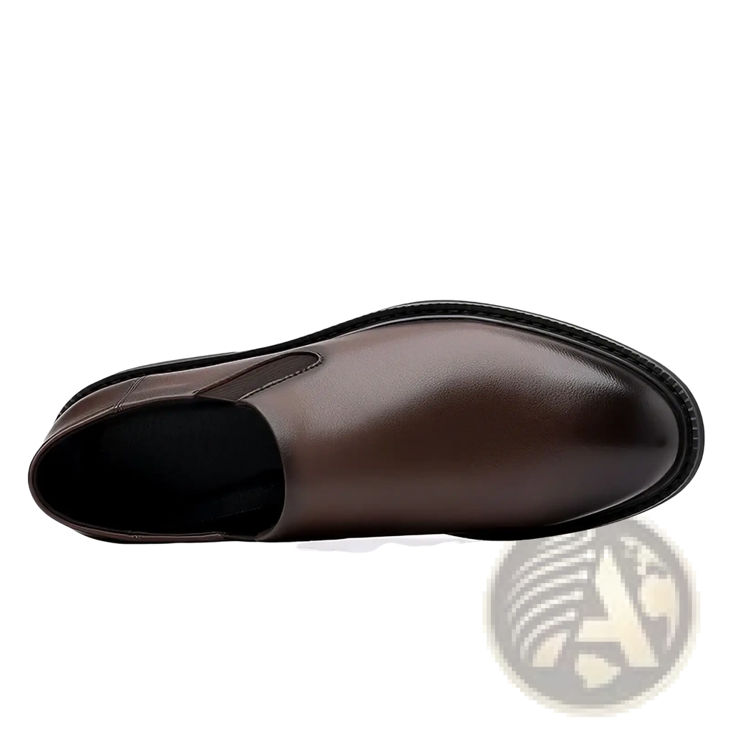 Men leather slip-on dress shoe in brown with sleek polished leather finish and black rubber sole