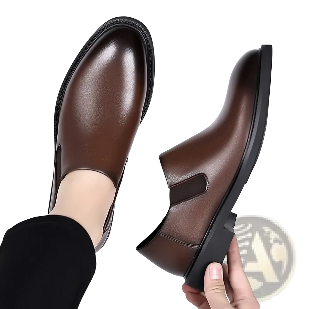 Men leather slip-on dress shoes in brown with a sleek polished finish and black rubber soles