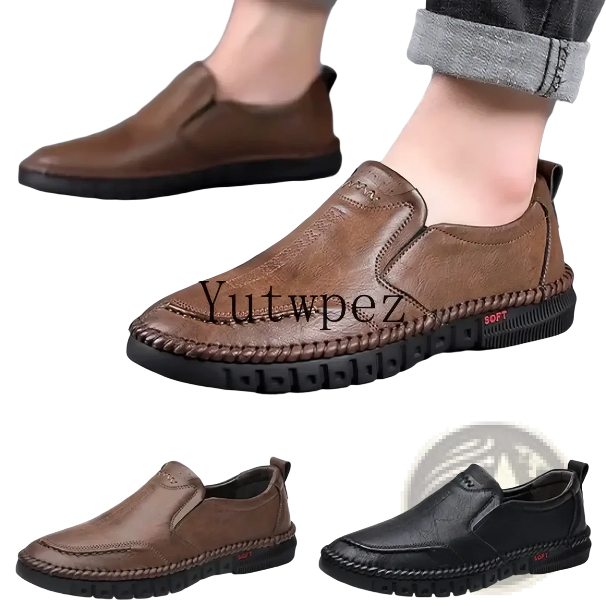 Men leather slip on dress shoes in brown with stitched detailing and a textured sole for formal occasions