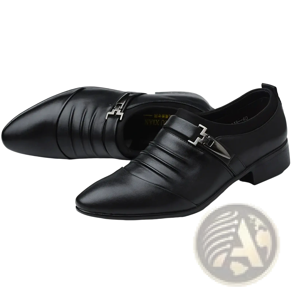 Black leather men slip on dress shoes with pointed toe and silver buckle accents for business casual wear