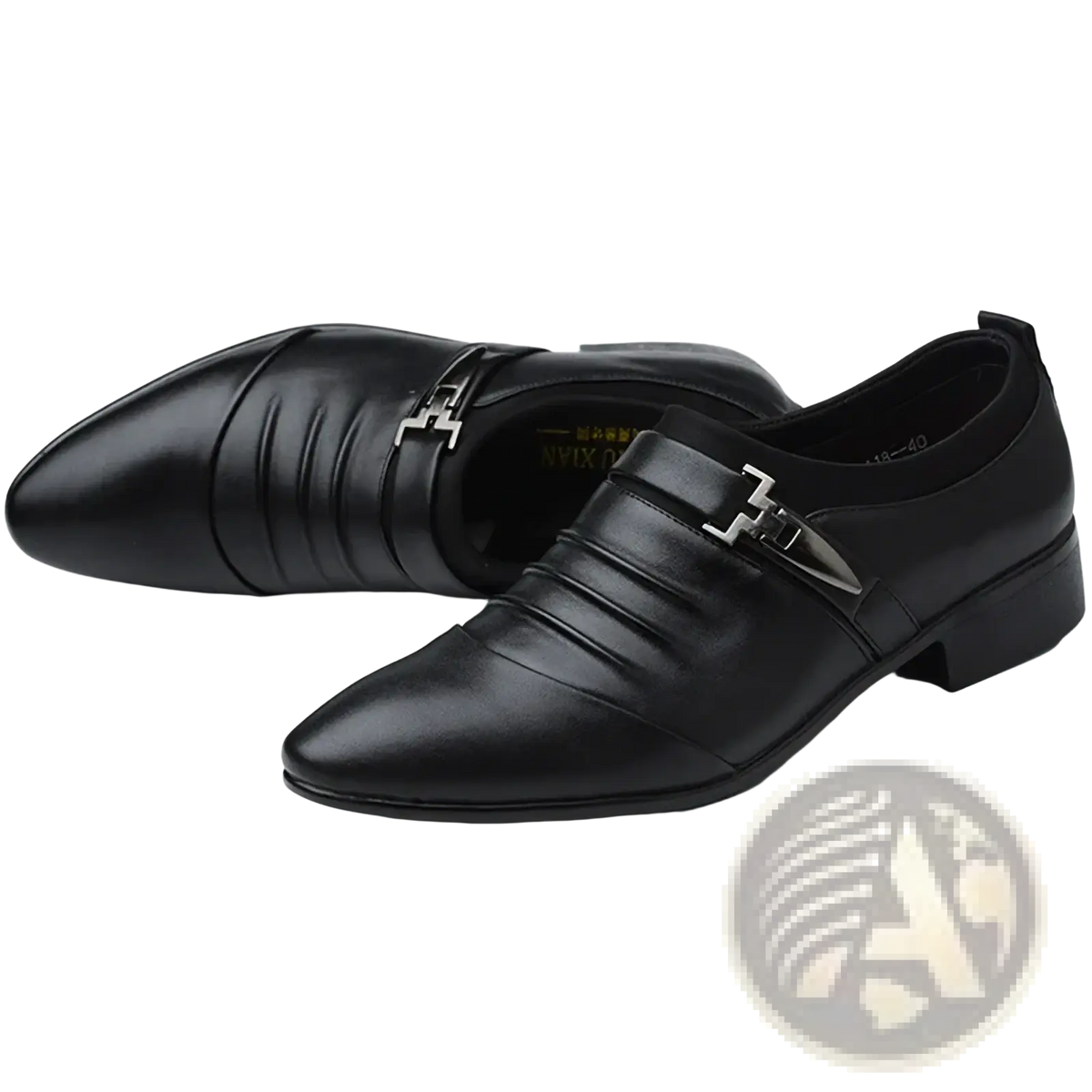 Black leather men slip on dress shoes with pointed toe and silver buckle accents for business casual wear