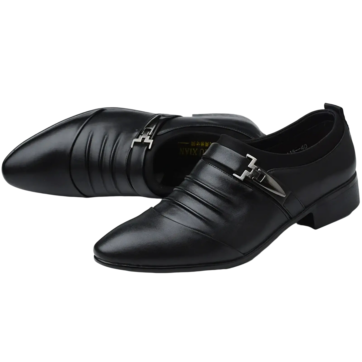 Black leather men slip on dress shoes with pointed toe and silver buckle accents for business casual wear