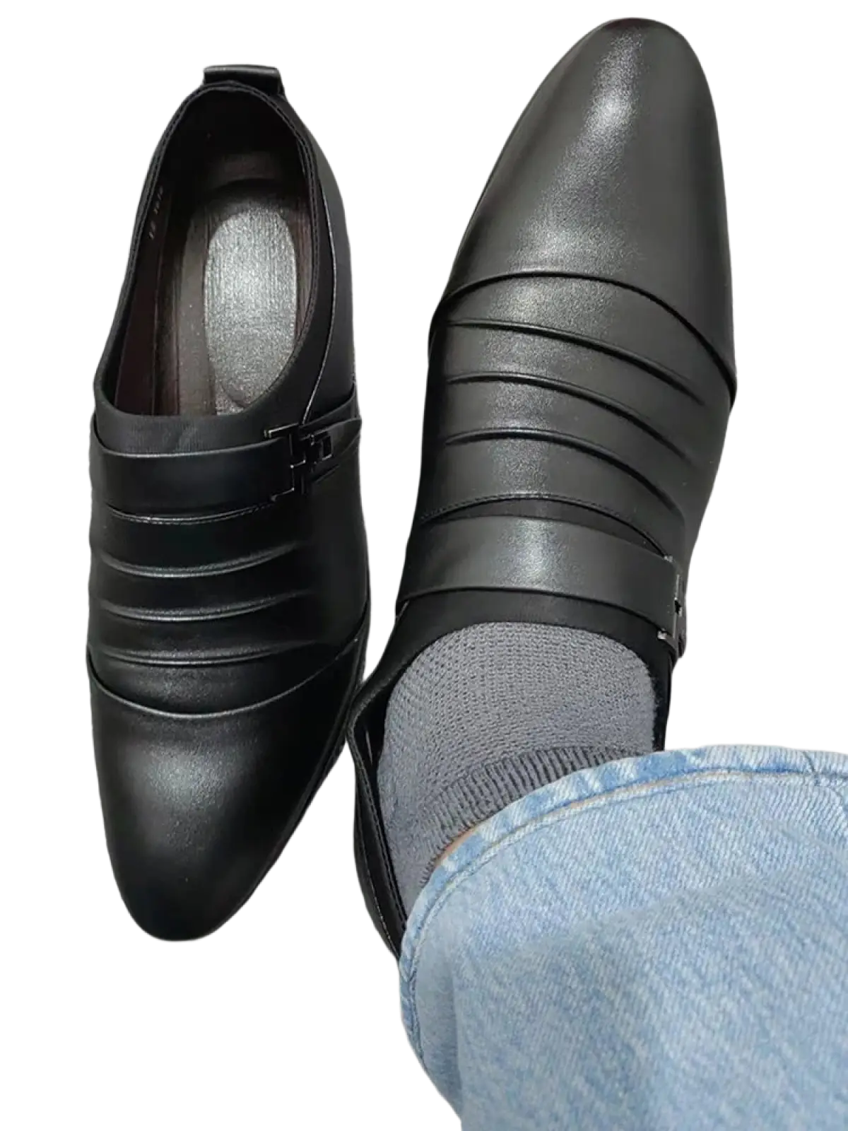 Black pu leather men leather slip on dress shoes with sleek pointed toe and horizontal strap detailing for business casual