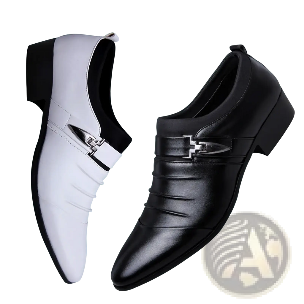 Men leather slip-on dress shoes in black and white with sleek pointed toes and metallic buckle accents for business casual