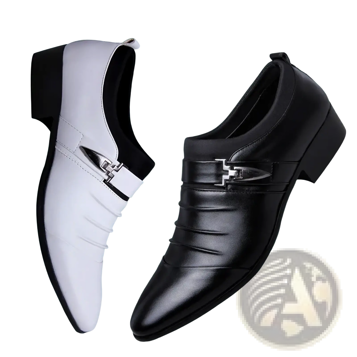 Men leather slip-on dress shoes in black and white with sleek pointed toes and metallic buckle accents for business casual