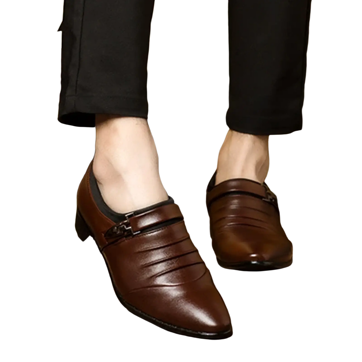 Men leather slip on dress shoes in brown with pointed toe and subtle horizontal stitching for business casual wear