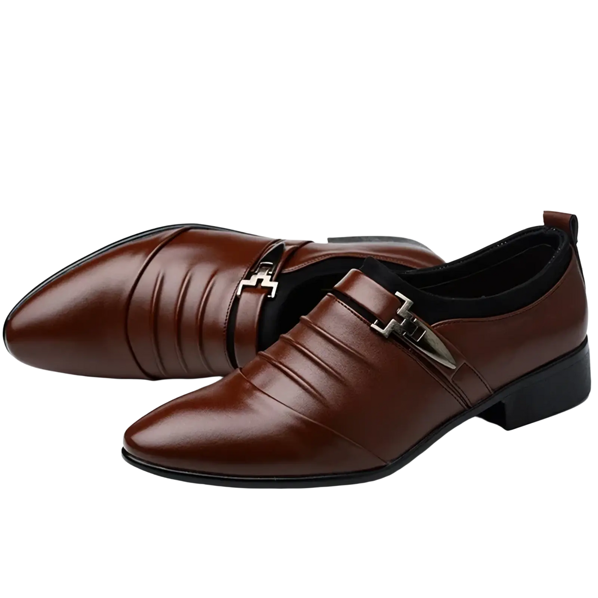 Men leather slip on dress shoes in brown with pointed toe black sole and silver buckle for business casual wear