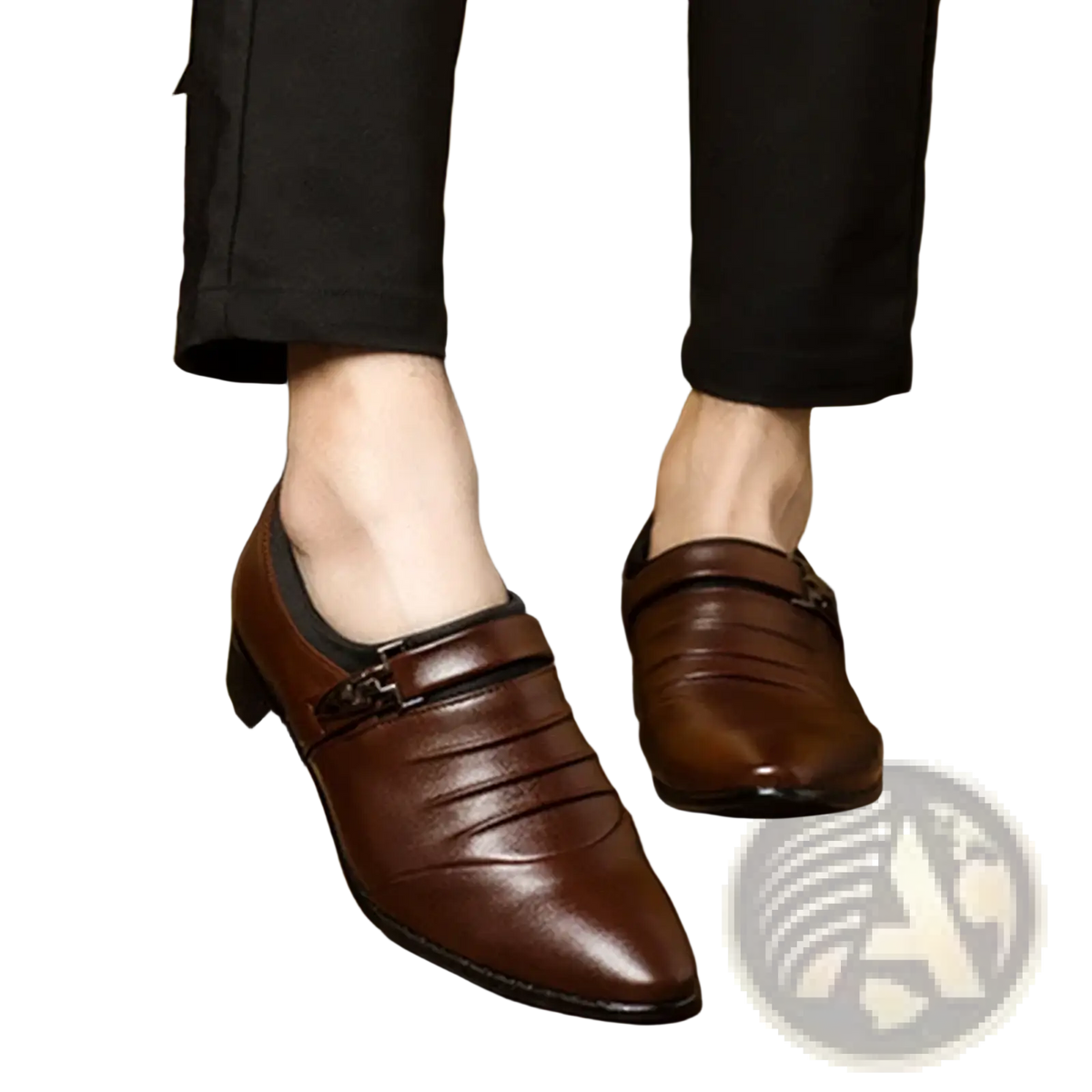 Men leather slip on dress shoes in brown with pointed toe and subtle horizontal stitching for business casual wear