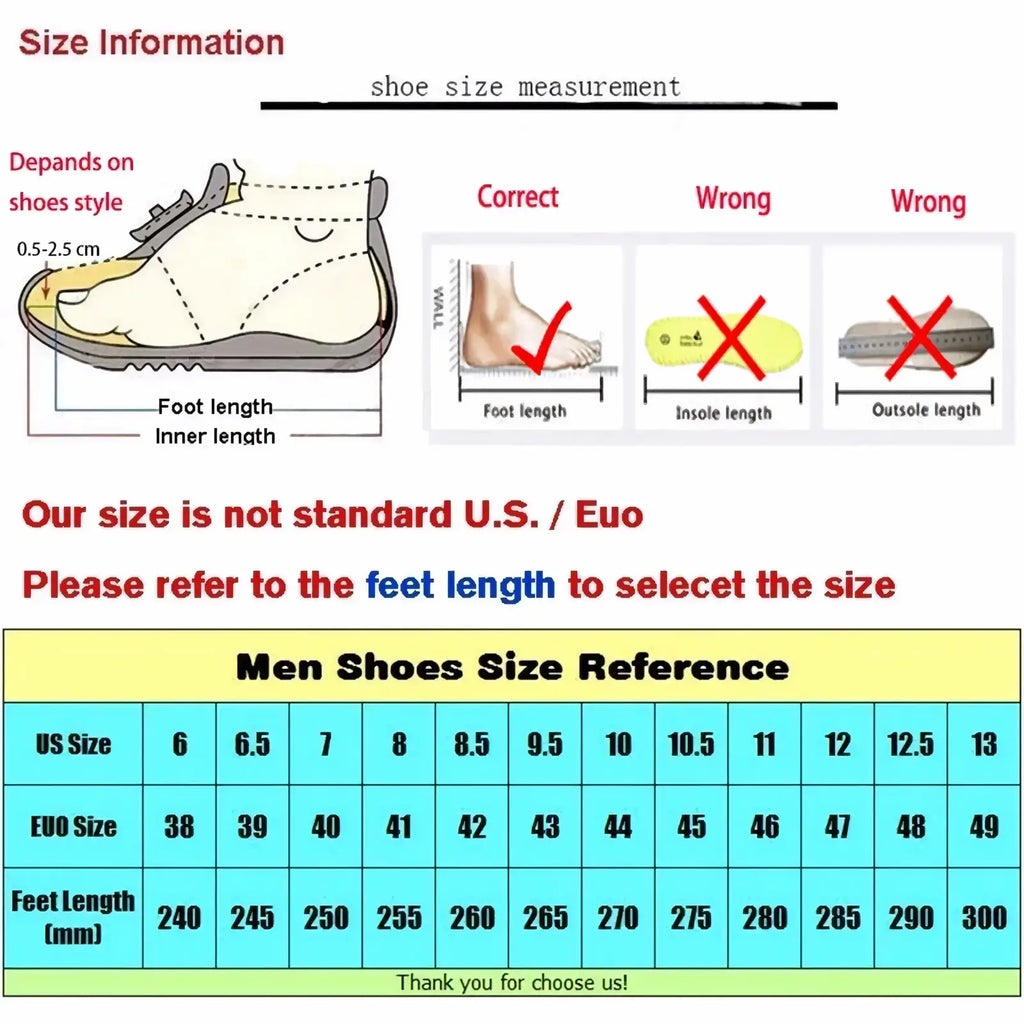Men leather slip on dress shoes business casual with a men shoe size reference chart showing us eu uk sizes and foot lengths