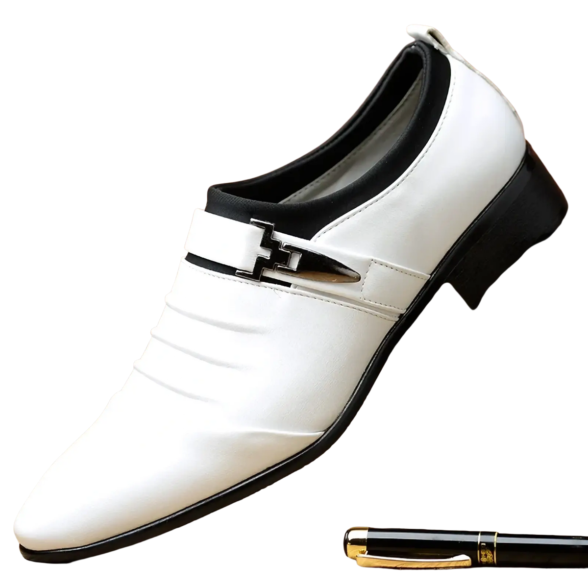 Men leather slip on dress shoe in white leather with black accents and a silver toned buckle for business casual wear