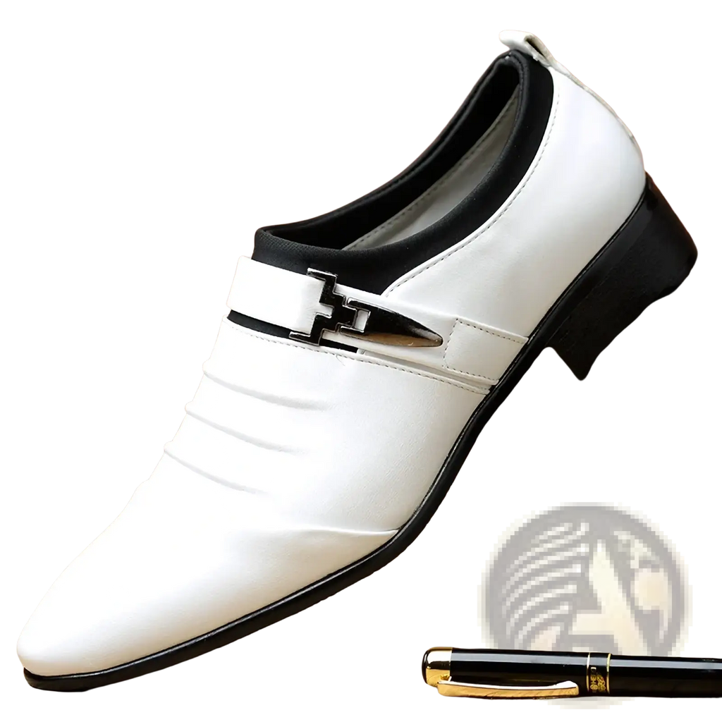 Men leather slip on dress shoe in white leather with black accents and a silver toned buckle for business casual wear
