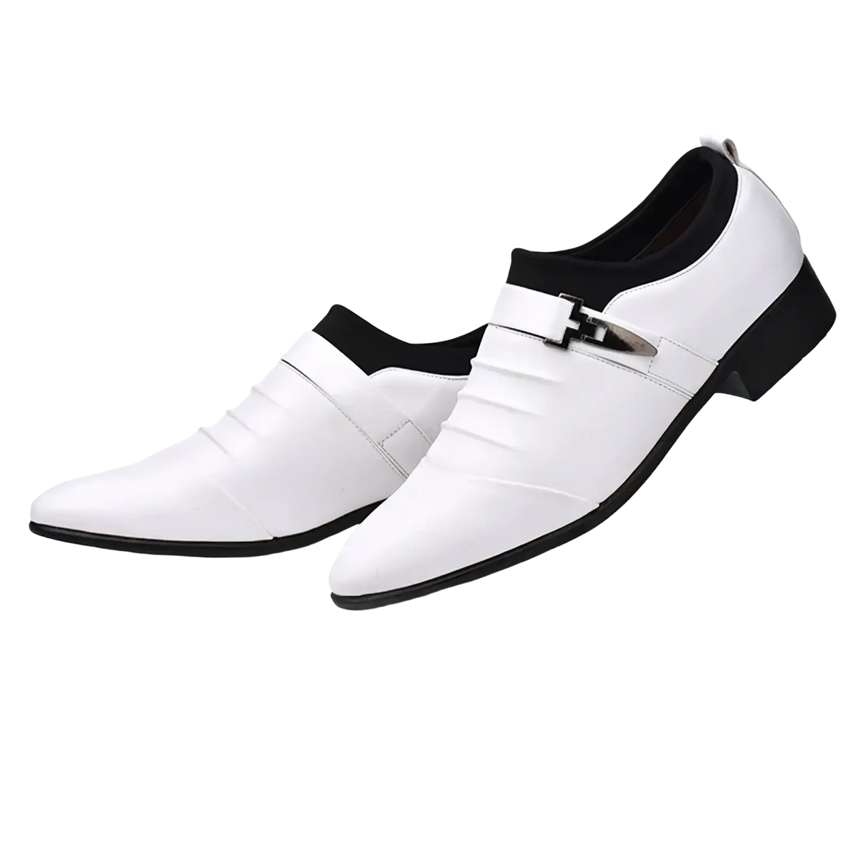 White leather men leather slip on dress shoes with black accents and silver buckle for business casual wear