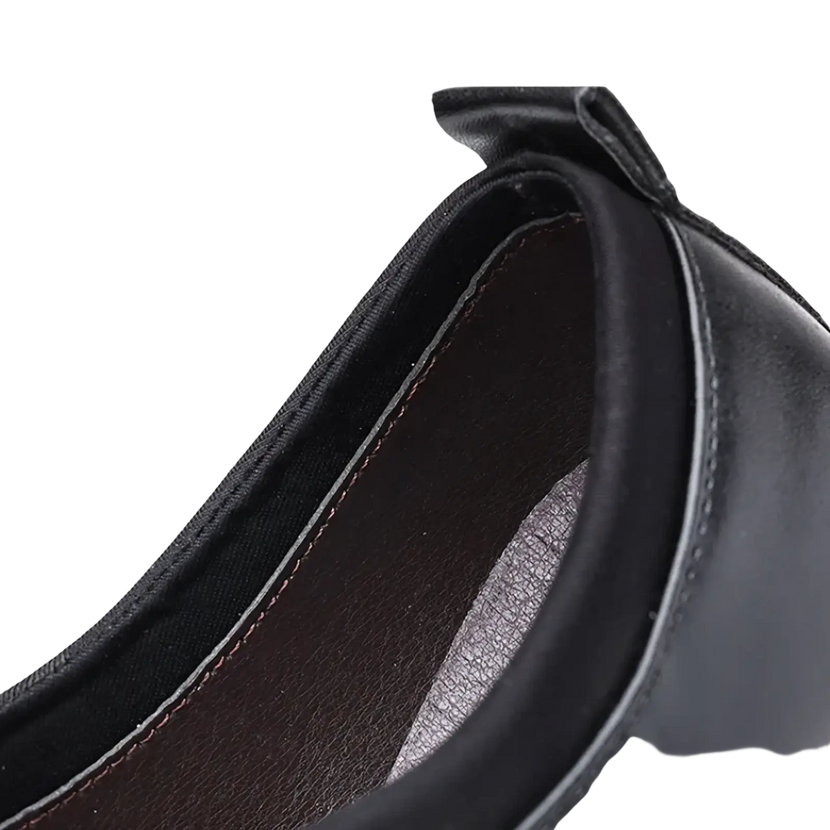 Black leather slip on dress shoe with smooth polished finish and contrasting brown lining for formal use