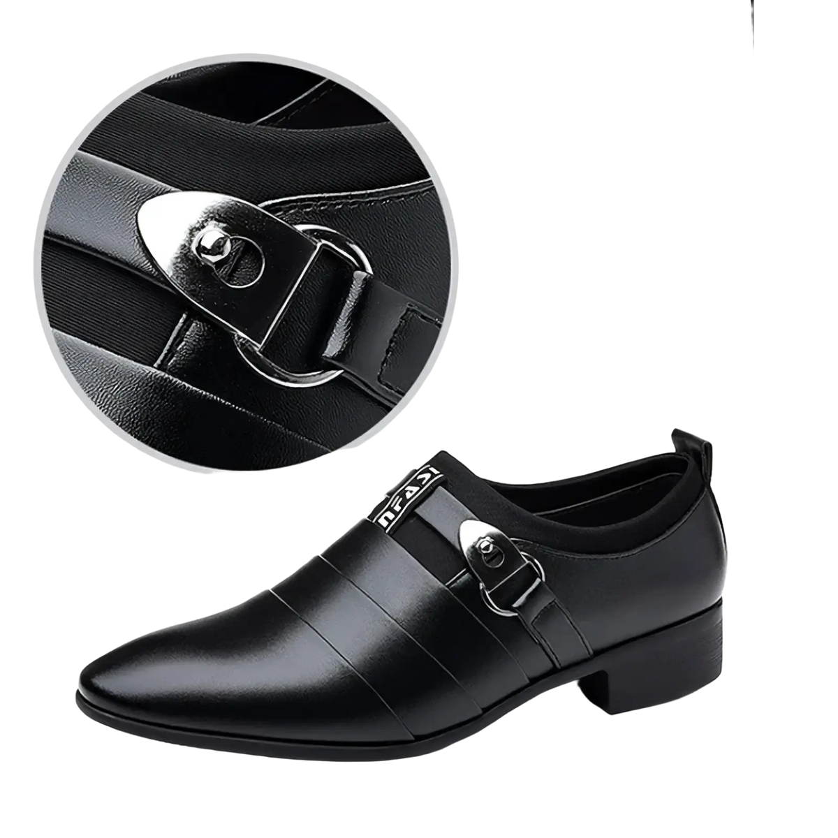 Men leather slip on dress shoe in black with sleek pointed toe and silver-toned buckle strap formal loafer