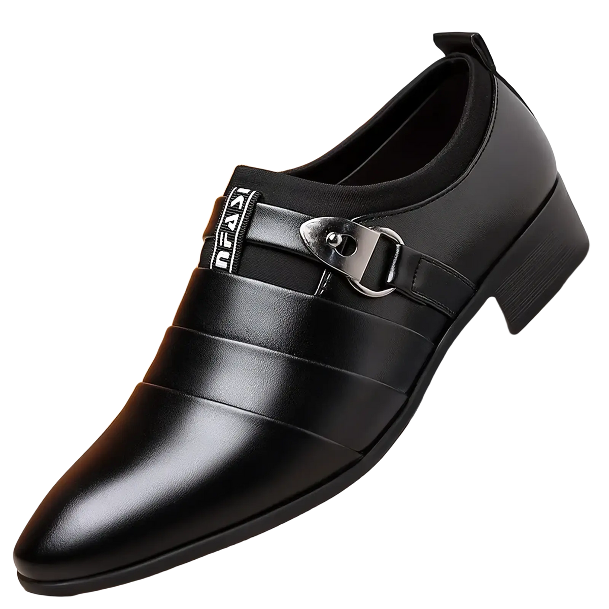 Black leather men leather slip on dress shoe with sleek pointed toe and silver-toned buckle strap formal loafer