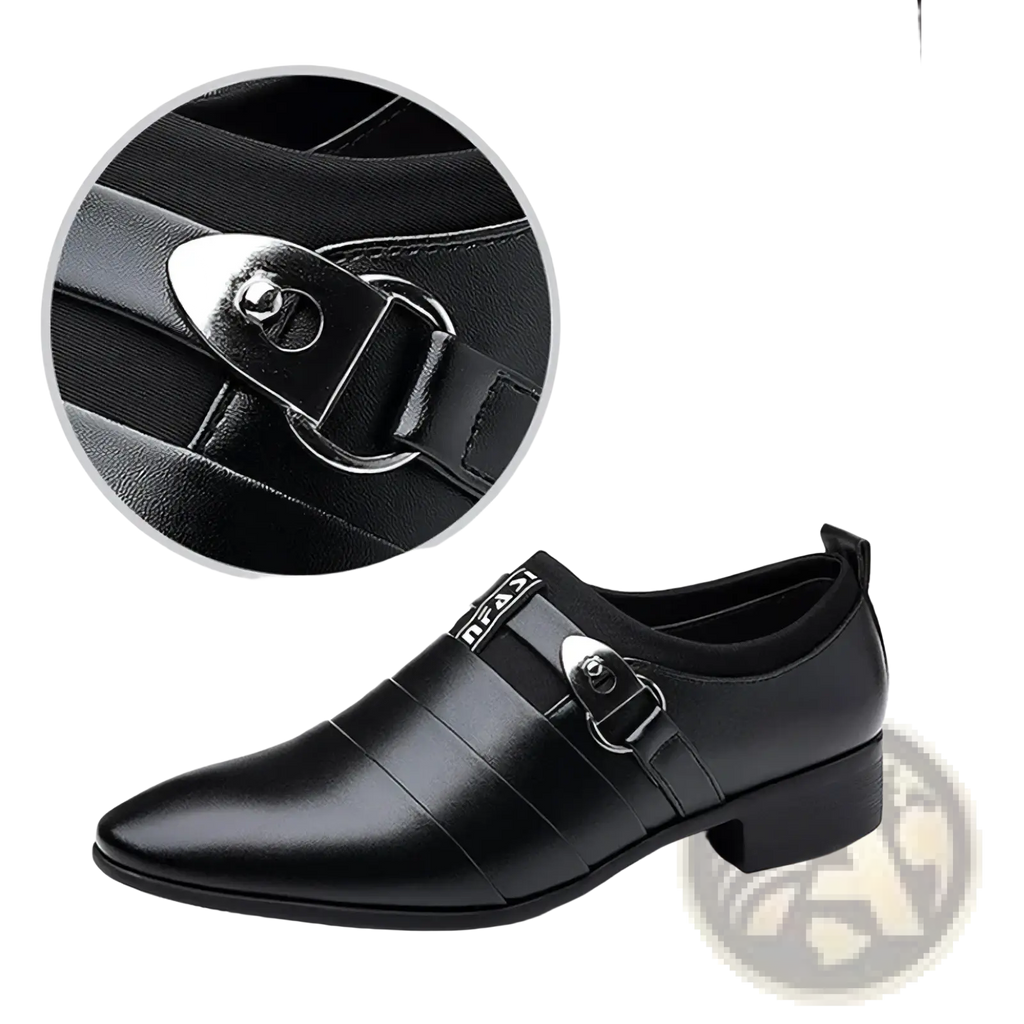 Men leather slip on dress shoe in black with sleek pointed toe and silver-toned buckle strap formal loafer
