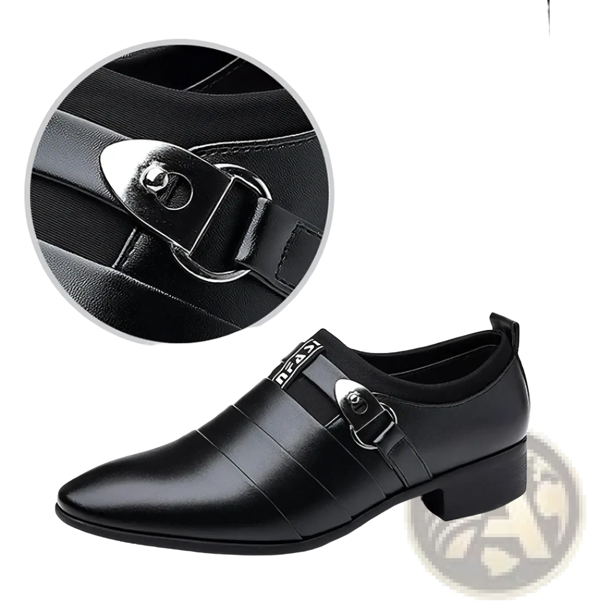 Men leather slip on dress shoe in black with sleek pointed toe and silver-toned buckle strap formal loafer