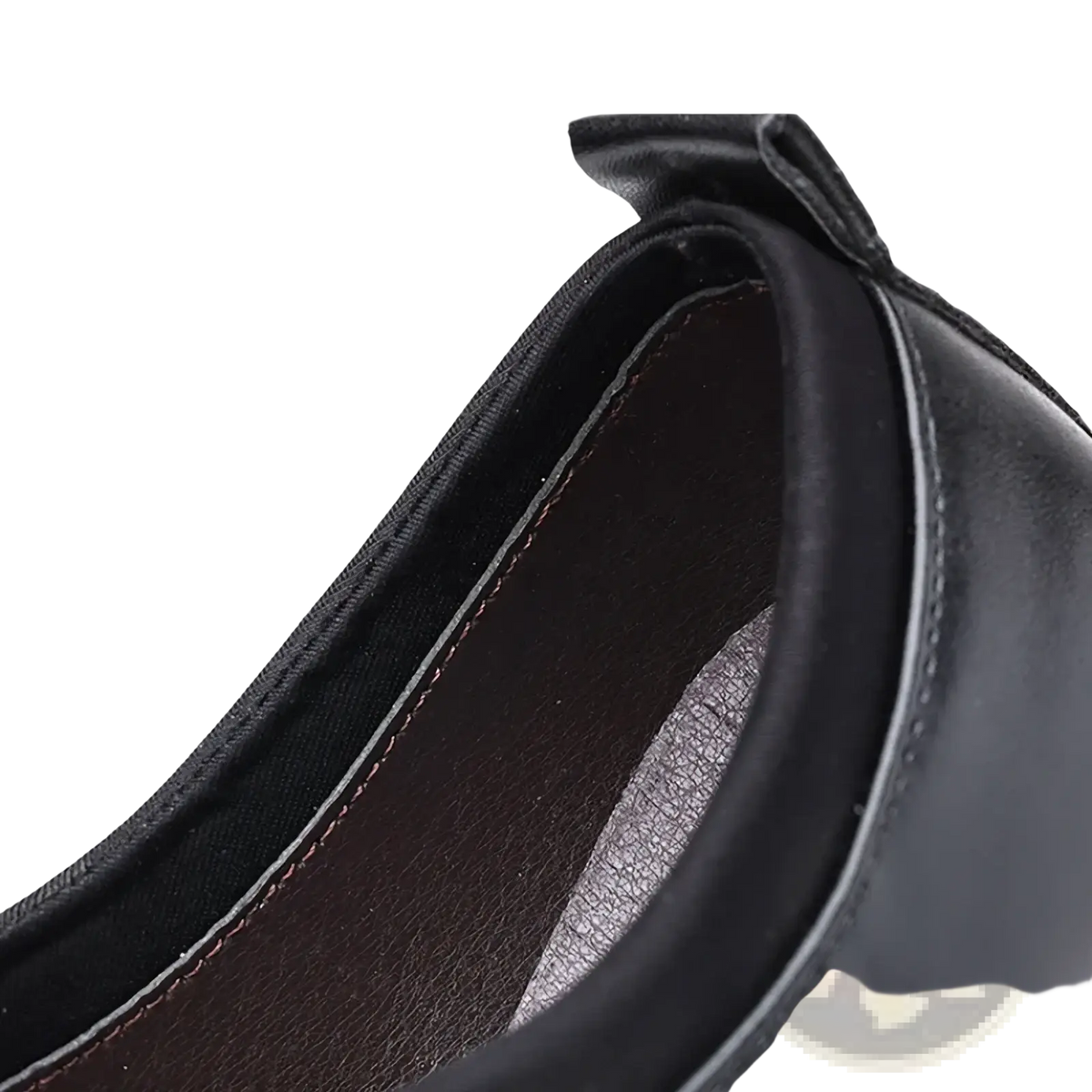 Black leather slip on dress shoe with smooth polished finish and contrasting brown lining for formal use
