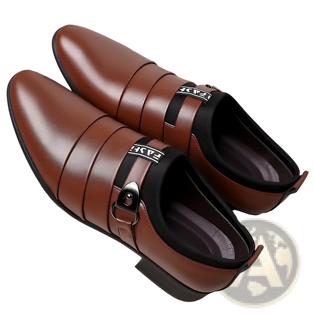 Men leather slip on dress shoes in brown with black strap accents and buckle detail for formal wear