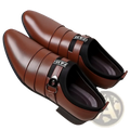 Men leather slip on dress shoes in brown with black strap accents and buckle detail for formal wear