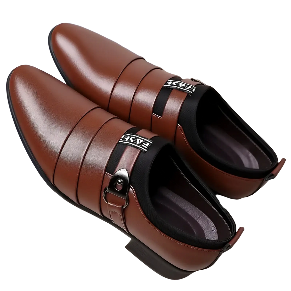 Men leather slip on dress shoes in brown with black strap accents and buckle detail for formal wear