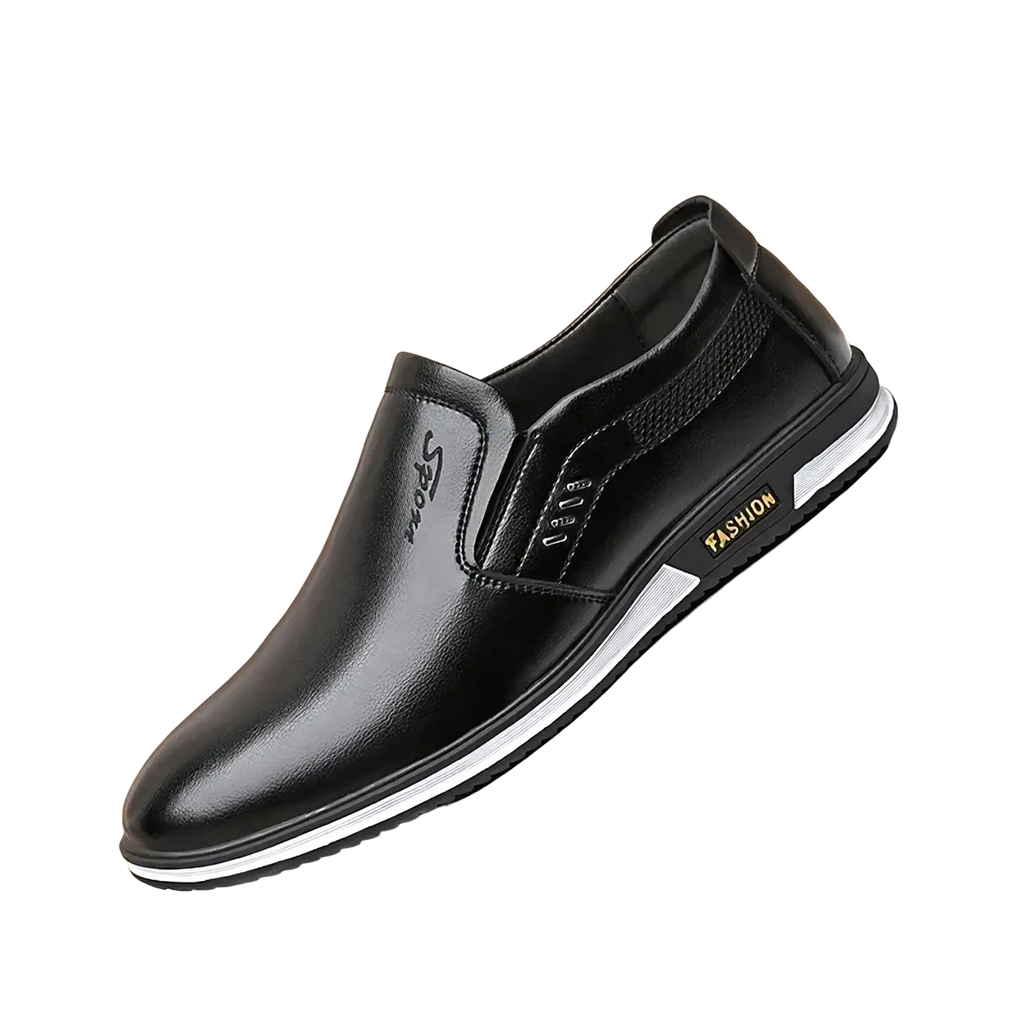 Black leather men slip-on driving shoe with white rubber sole and gold fashion branding on the side