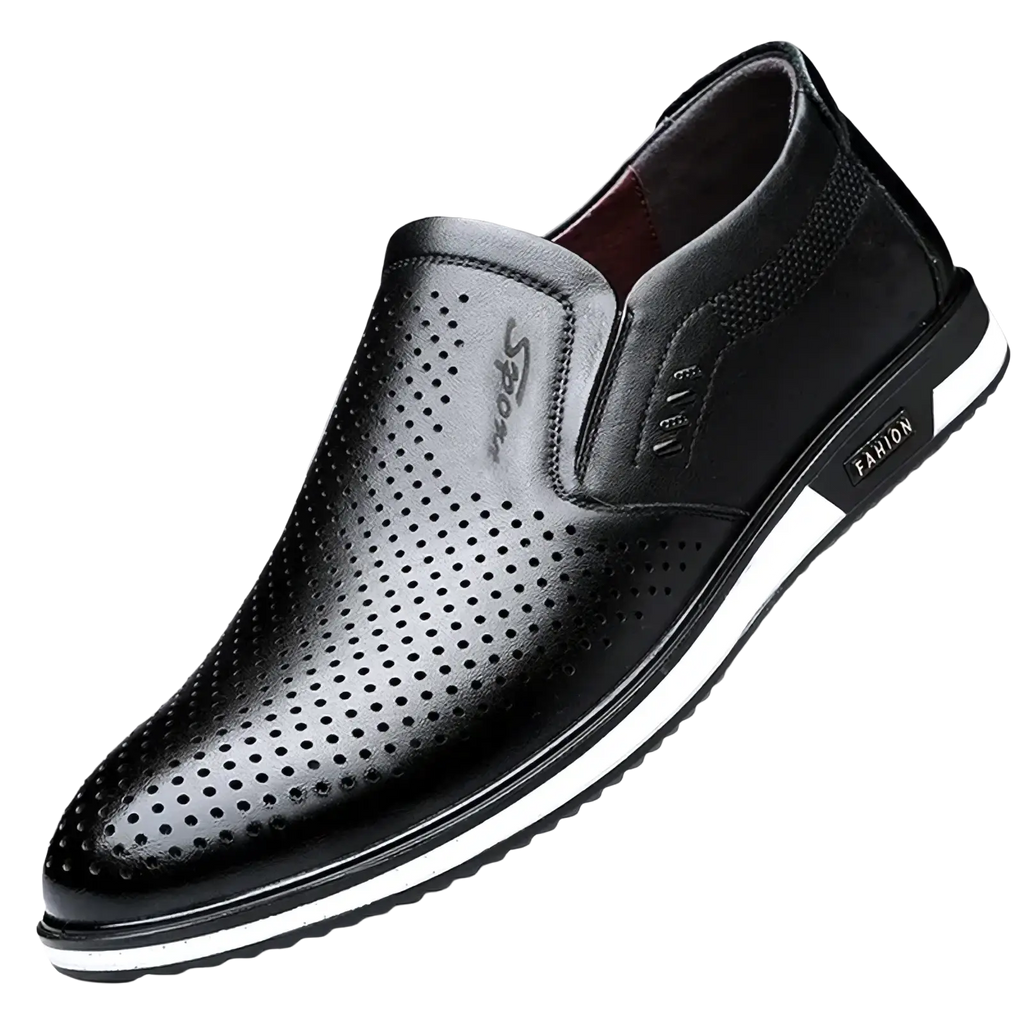 Men leather slip on driving shoe in black perforated leather with white rubber sole and fashion branding on the side