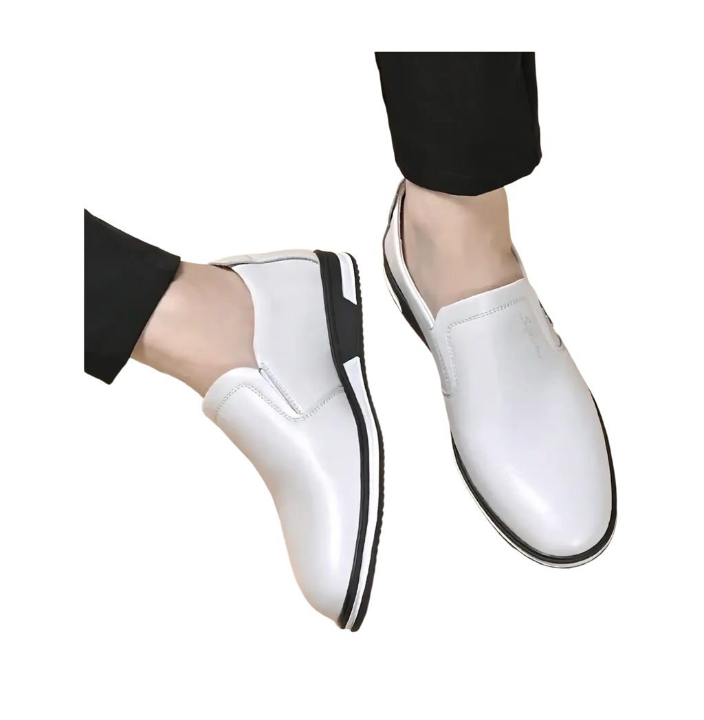 Men leather slip on driving shoes casual loafers in white leather with black and white slip-on soles