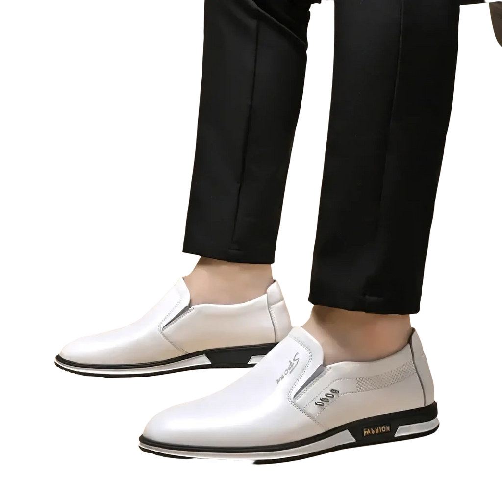 Men leather slip on driving shoes casual loafers in white leather with black soles and subtle side branding