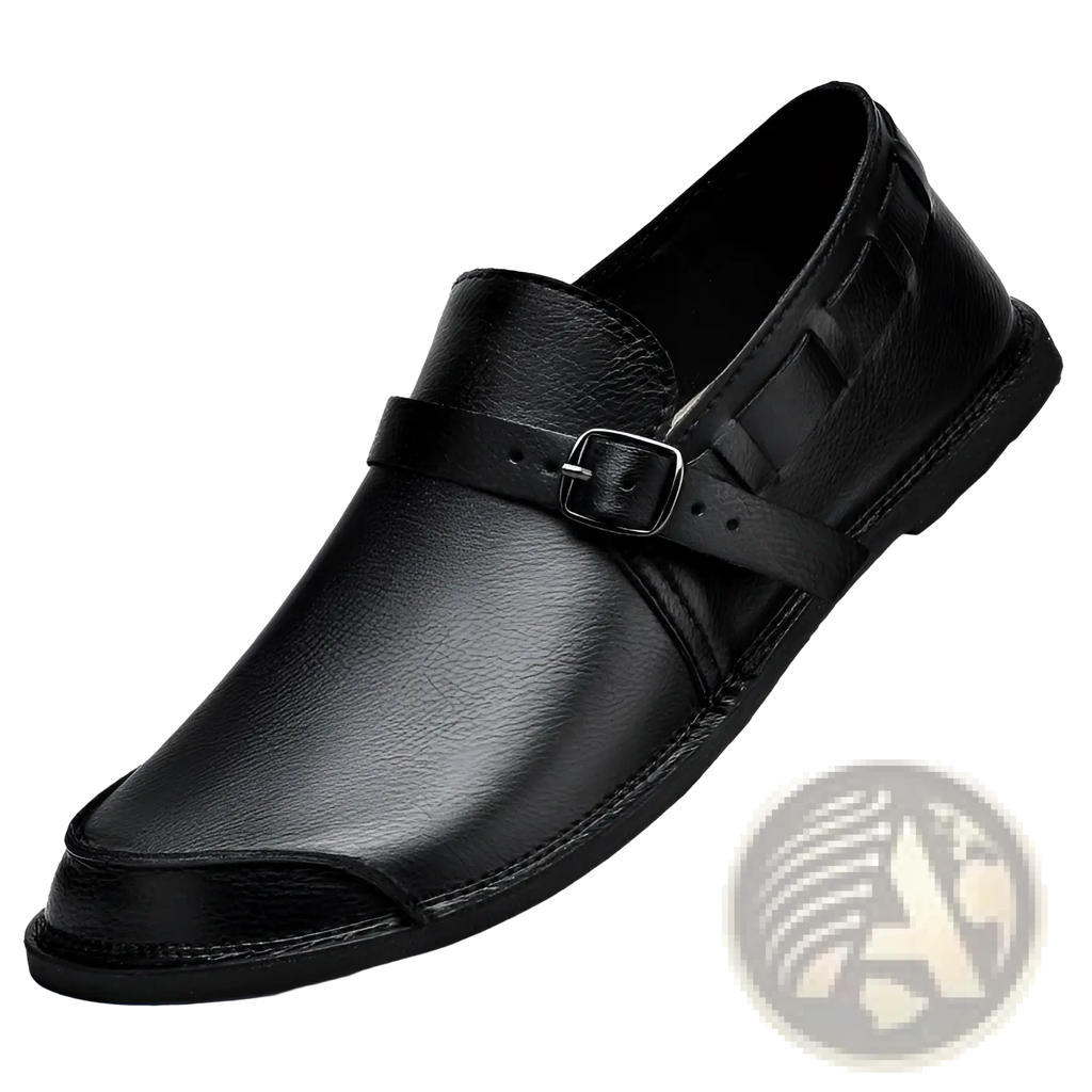 Black leather men slip-on loafer with a single strap and silver buckle for casual use