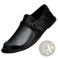 Black leather men slip-on loafer with a single strap and silver buckle for casual use