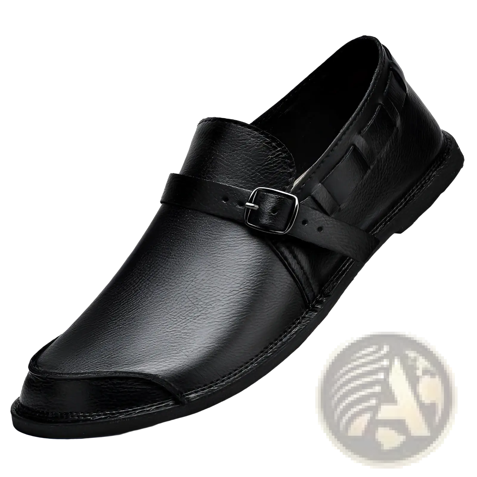 Black leather men slip-on loafer with a single strap and silver buckle for casual use